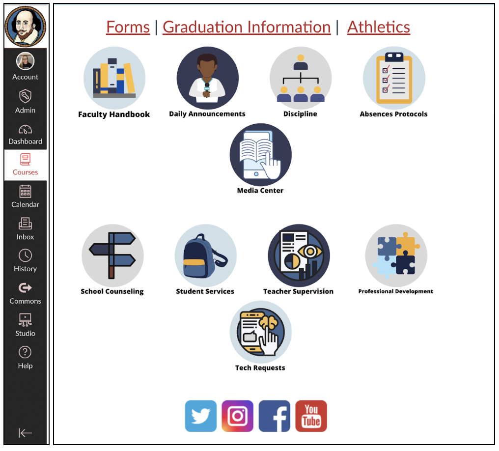 Home page example with circular buttons as links to modules for Administrators